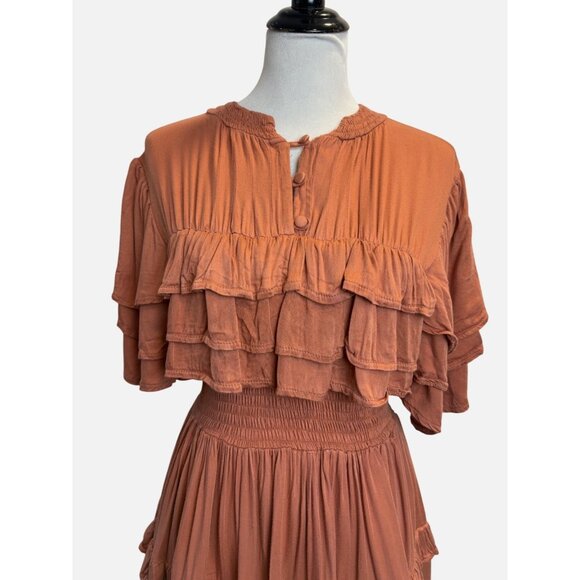 Women’s Ruffle Tiered Dress Smock Waist Romantic Dress Rust Brown BaliElf Hand - Picture 3 of 10